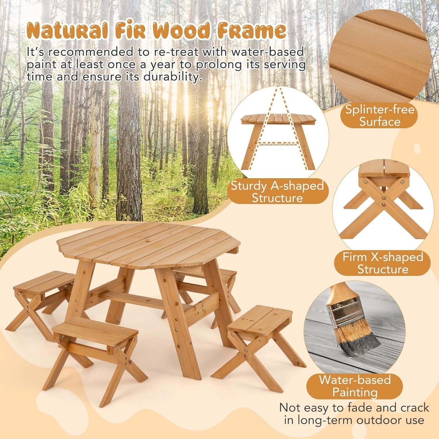 Wooden Kids Picnic Table Set with 4 Stools & Adjustable Umbrella Outdoor