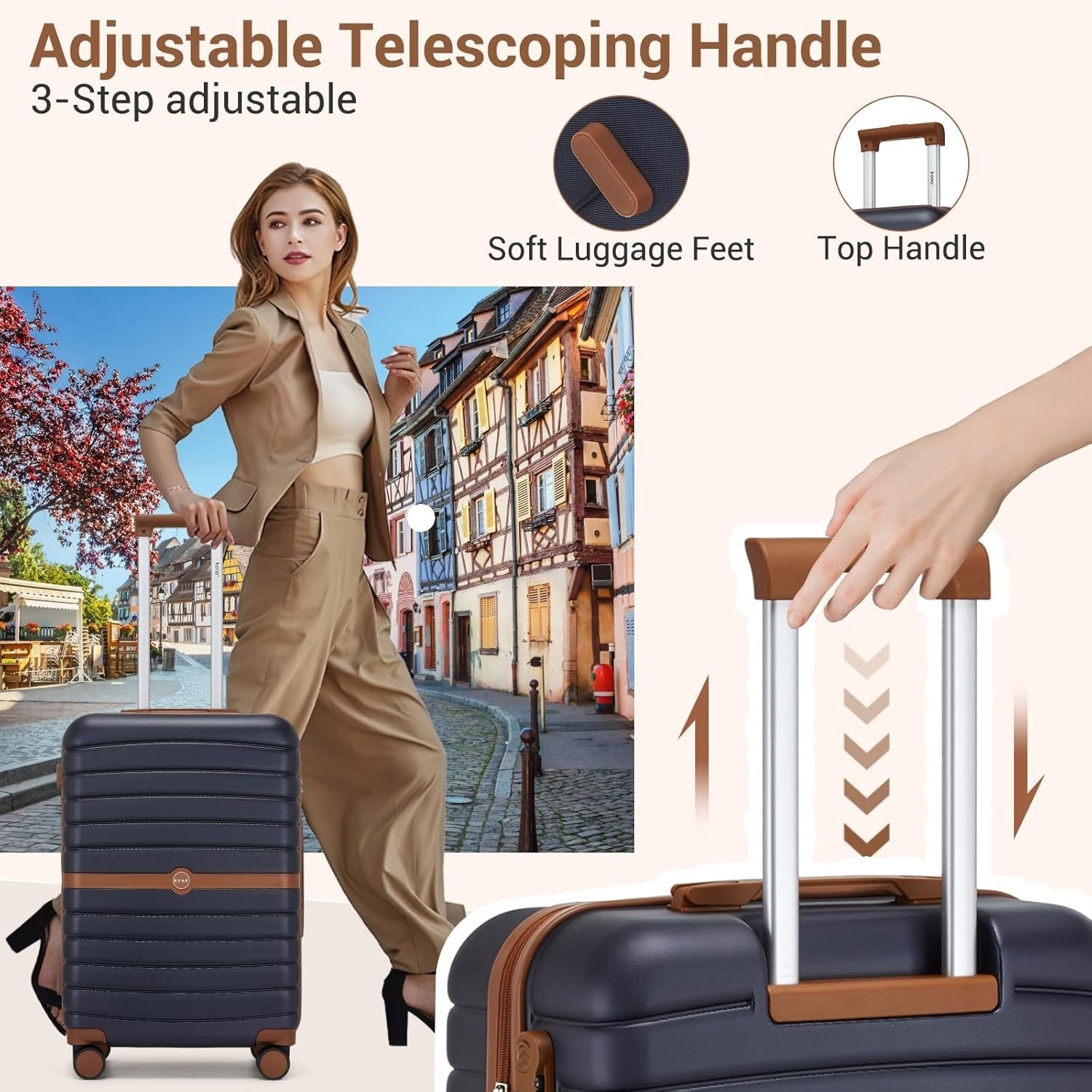 24'' Navy Brown Check In Suitcase ABS PC Hard Shell Spinner Wheels Lock
