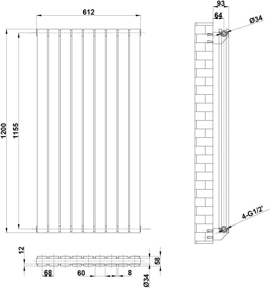 1200x612mm Anthracite Grey Vertical Flat Panel Double Column Radiator