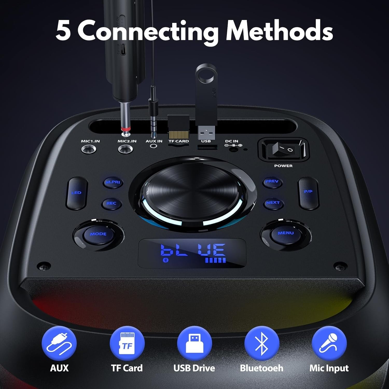 Black Party Karaoke Machine 2 Wireless Mics LED Bluetooth Speaker