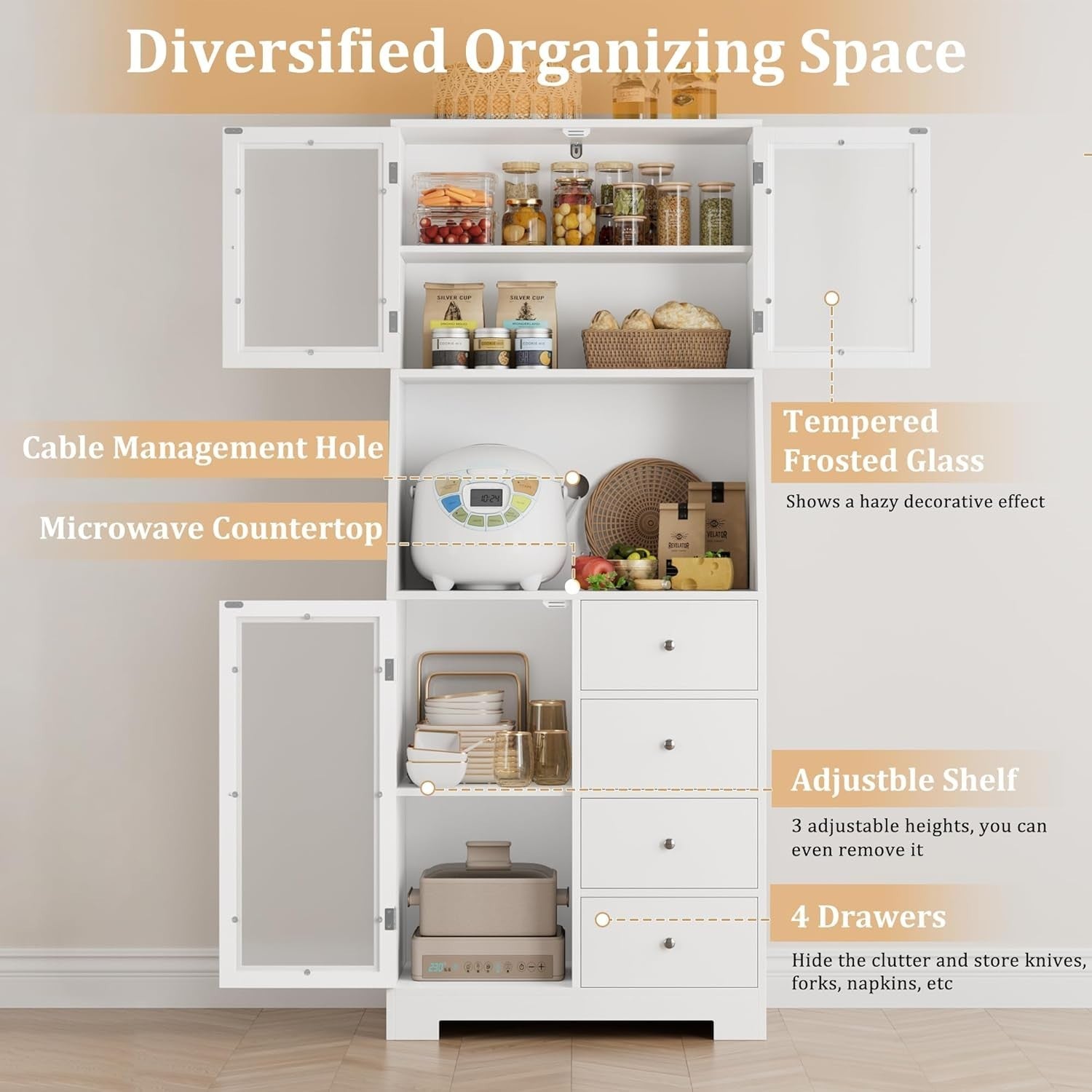Tall Kitchen Cupboard White 3-Door 4-Drawer Storage Cabinet Modern