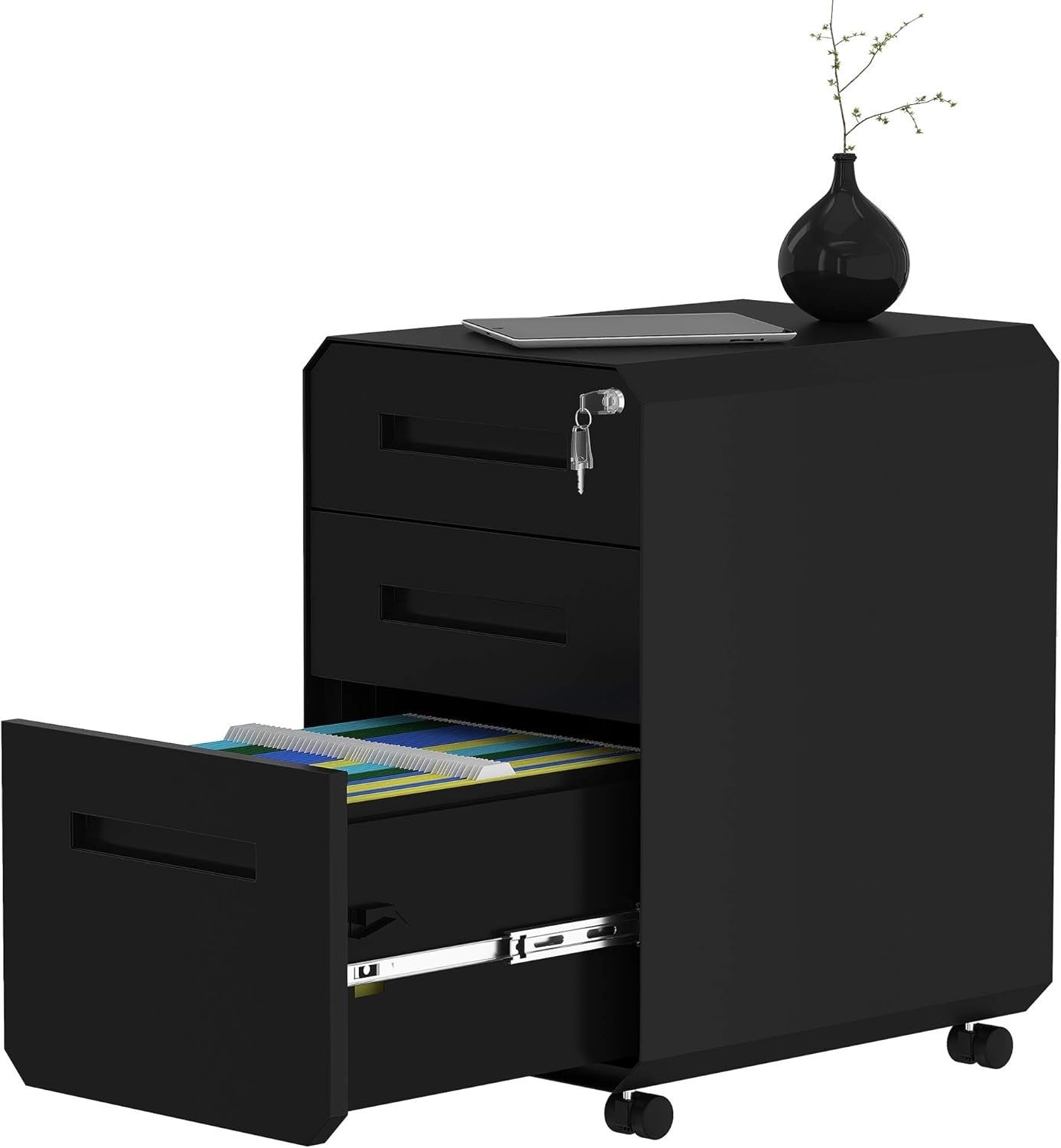 Black Mobile Filing Cabinet 3 Drawer Lockable 64cm Rolling Office