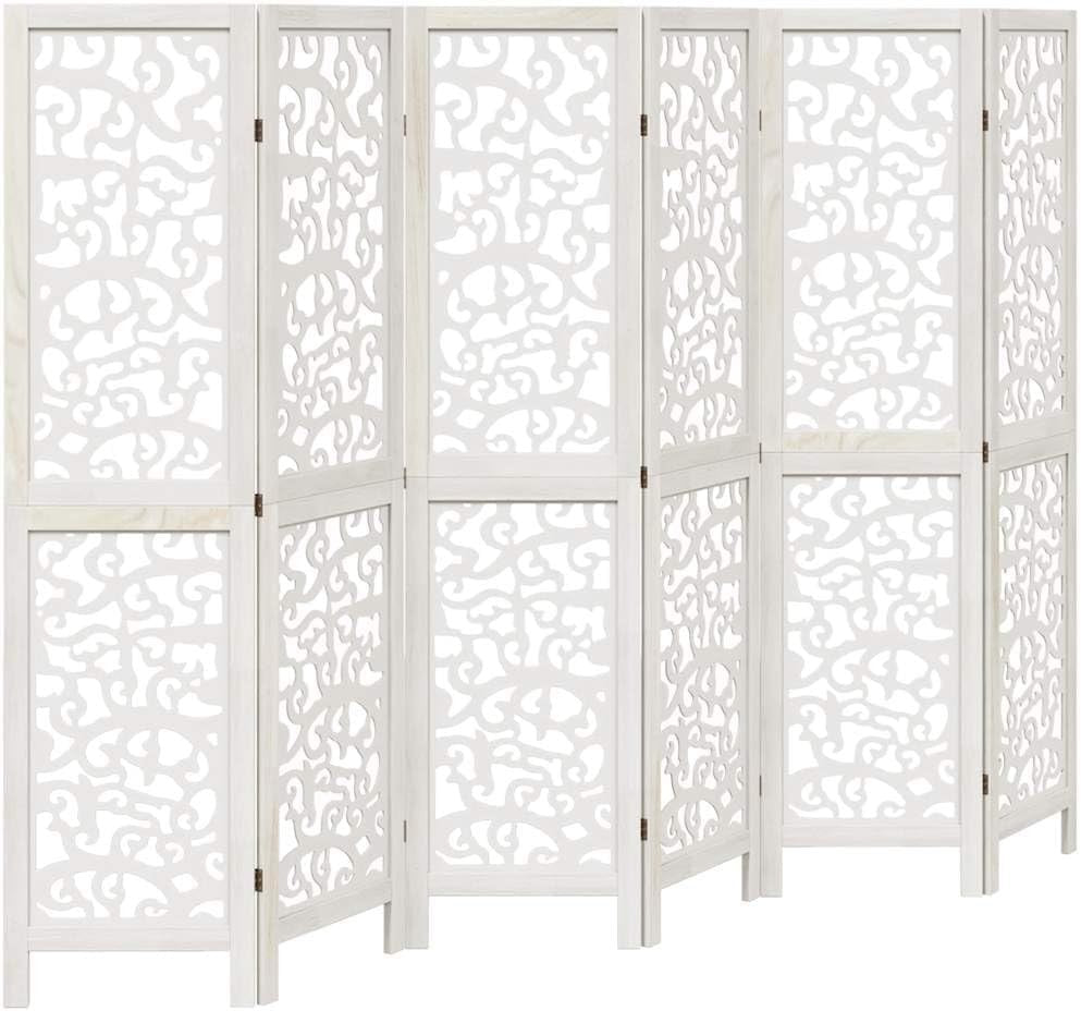6 Panel White Wood Room Divider 210x215cm Folding Privacy Screen for Bedroom