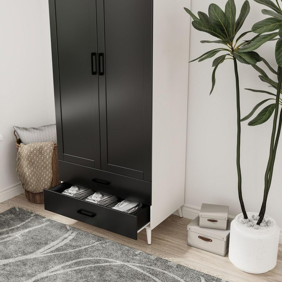 Black Modern Wardrobe 2 Doors 2 Drawers Bedroom Clothes Storage Unit