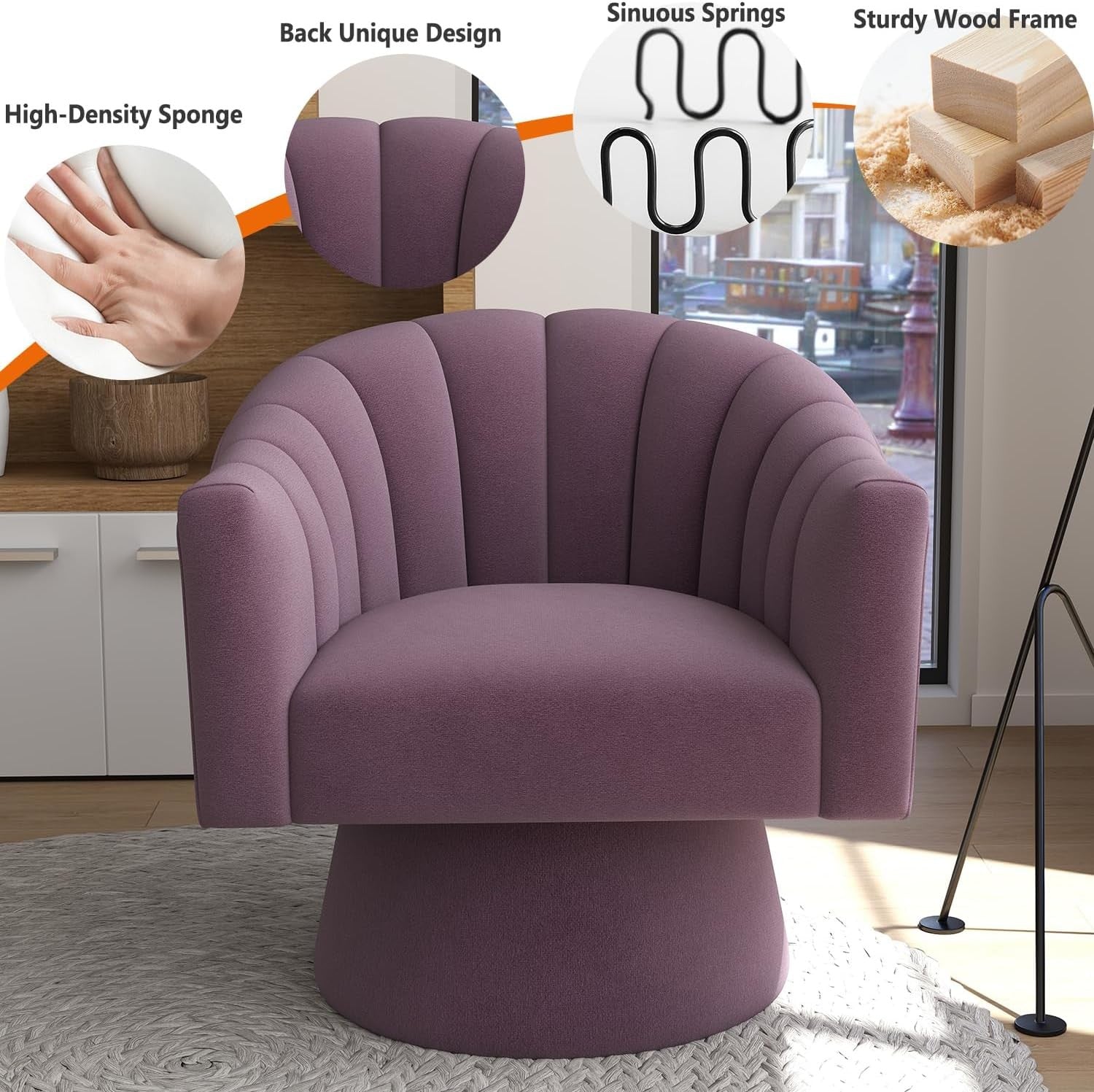Purple Velvet Swivel Accent Chair 360° Barrel Lounge Armchair