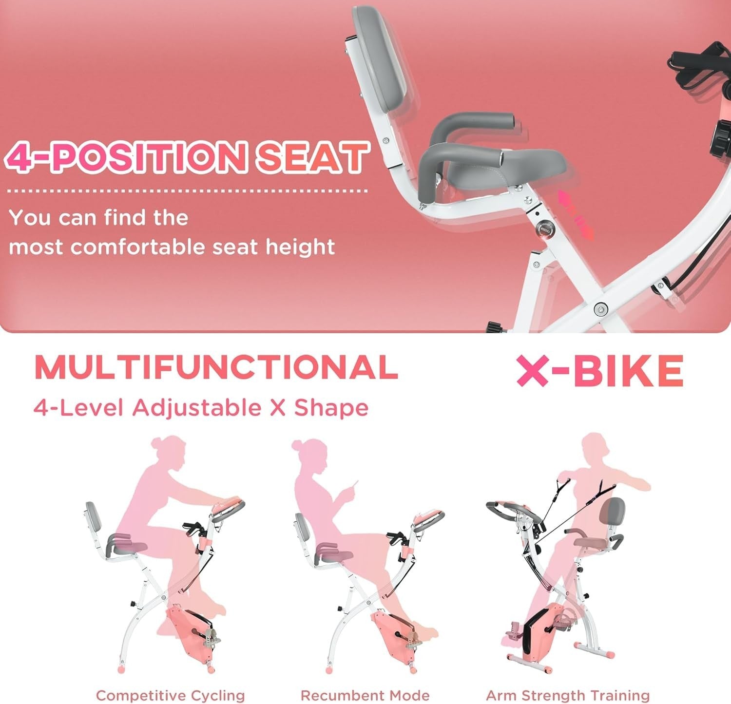 Pink 3-in-1 Folding Exercise Bike Magnetic Resistance LCD Pulse & Bands