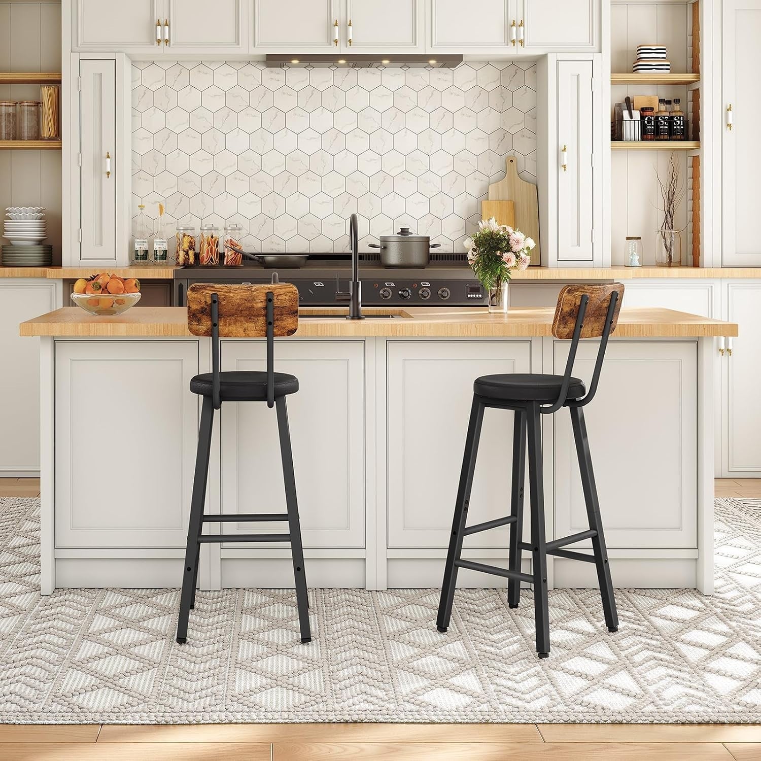 PU Upholstered Bar Stool Set of 2 | Ergonomic Counter Height 97cm