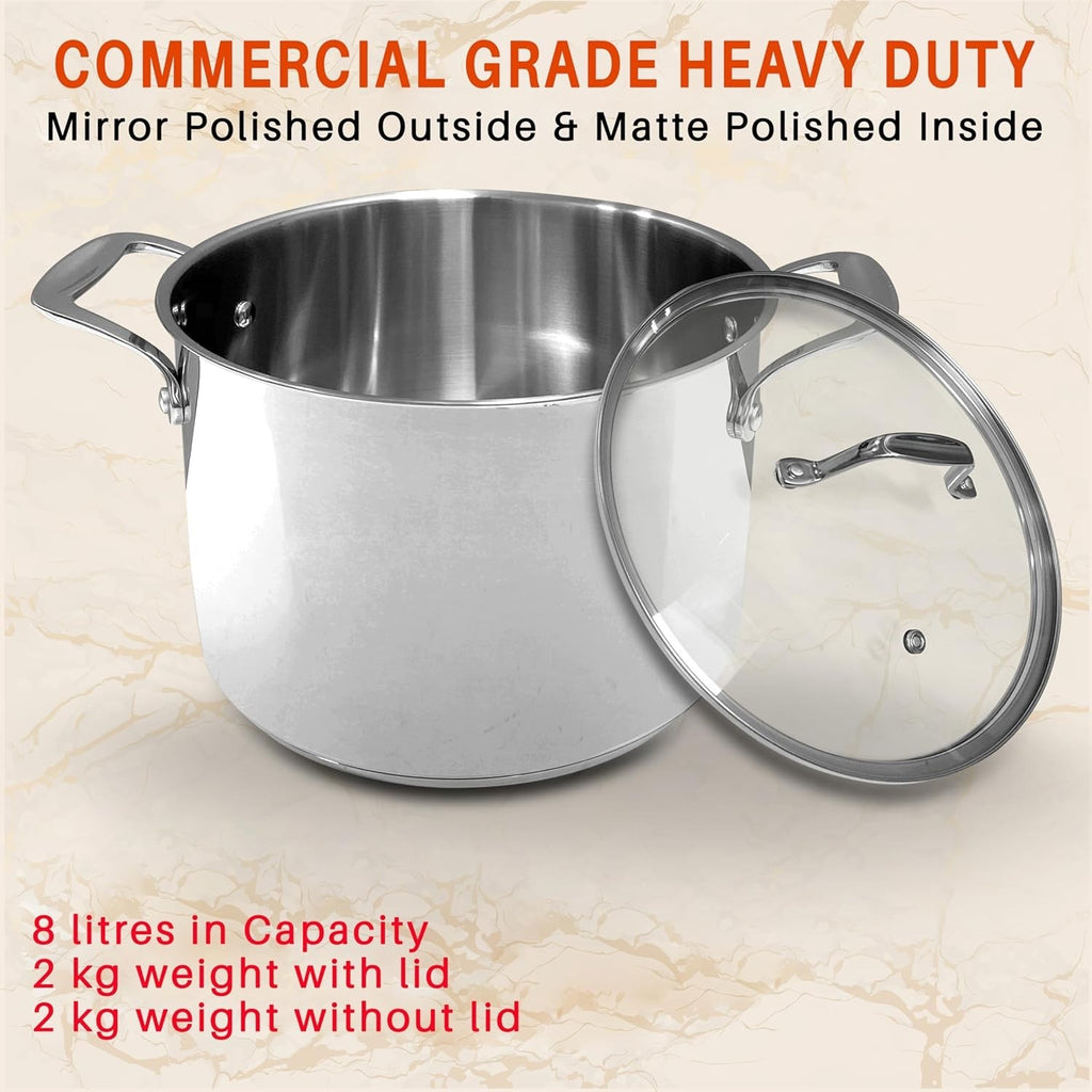 7.6L Stainless Steel Stock Pot with Glass Lid Induction Ready Heavy Duty Soup