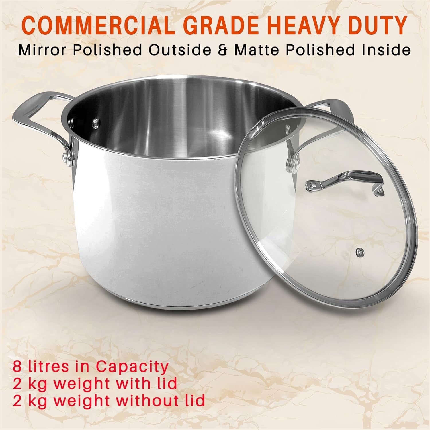 7.6L Stainless Steel Stock Pot with Glass Lid Induction Ready Heavy Duty Soup