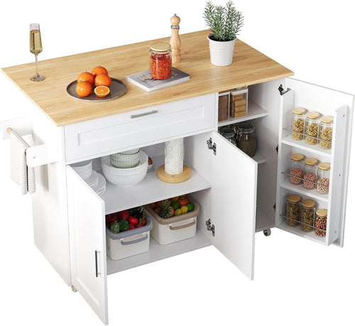 Large Mobile Kitchen Island Cart with Foldable Oak Countertop & Storage