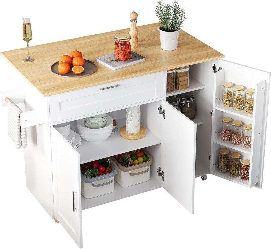 Large Mobile Kitchen Island Cart with Foldable Oak Countertop & Storage