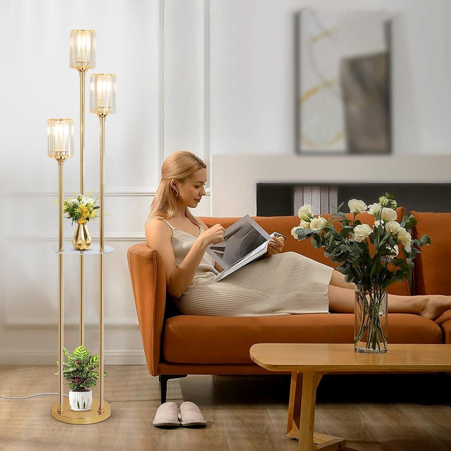 Modern 3-Light Floor Lamp with Glass Shades & Shelves – Living Room, Office