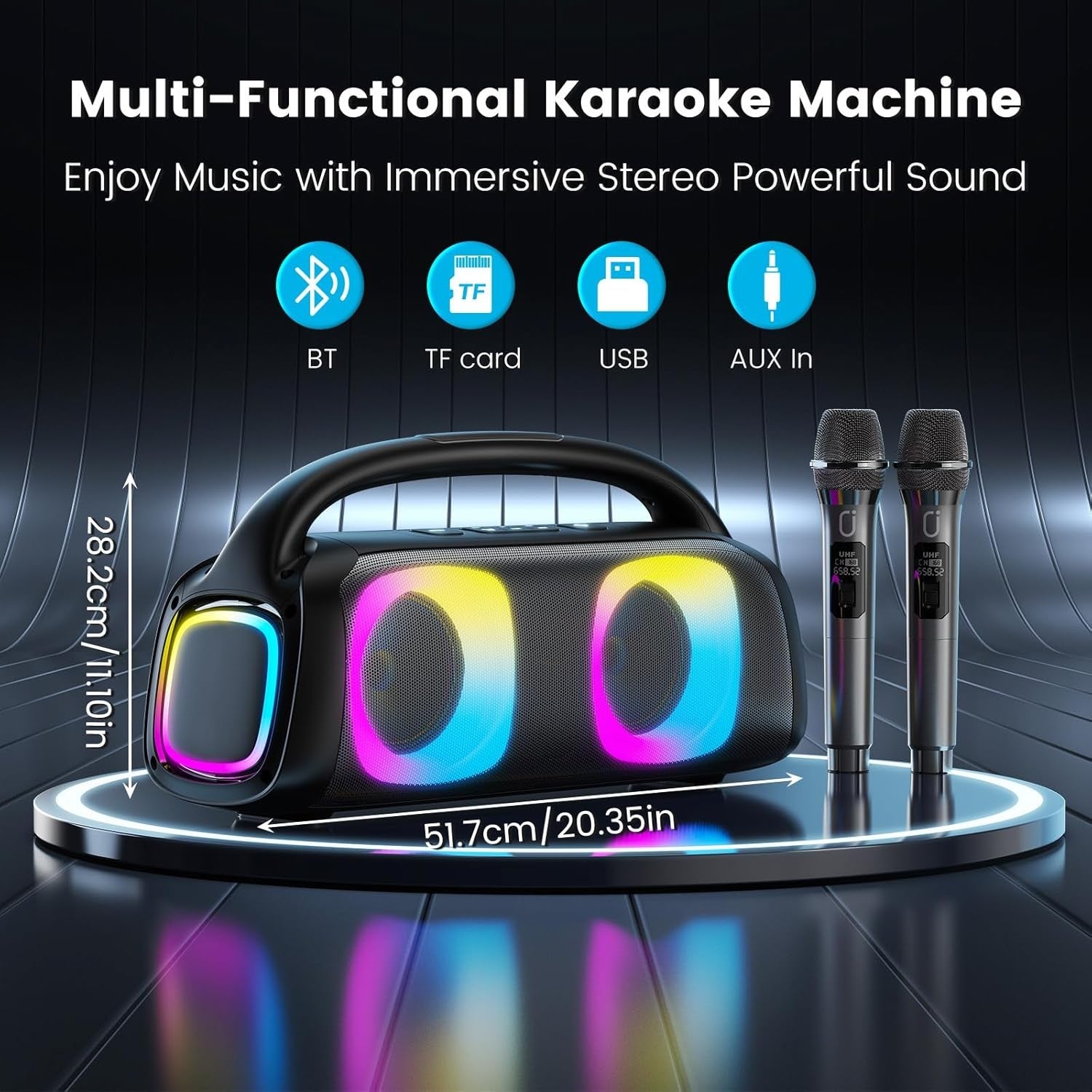 Karaoke Machine with 2 Wireless Mics Bluetooth 5.3 LED