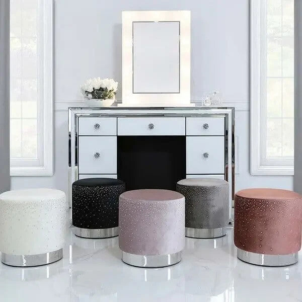 Grey Round Velvet Stool with Sparkle Diamante Detail – Compact Ottoman Seat
