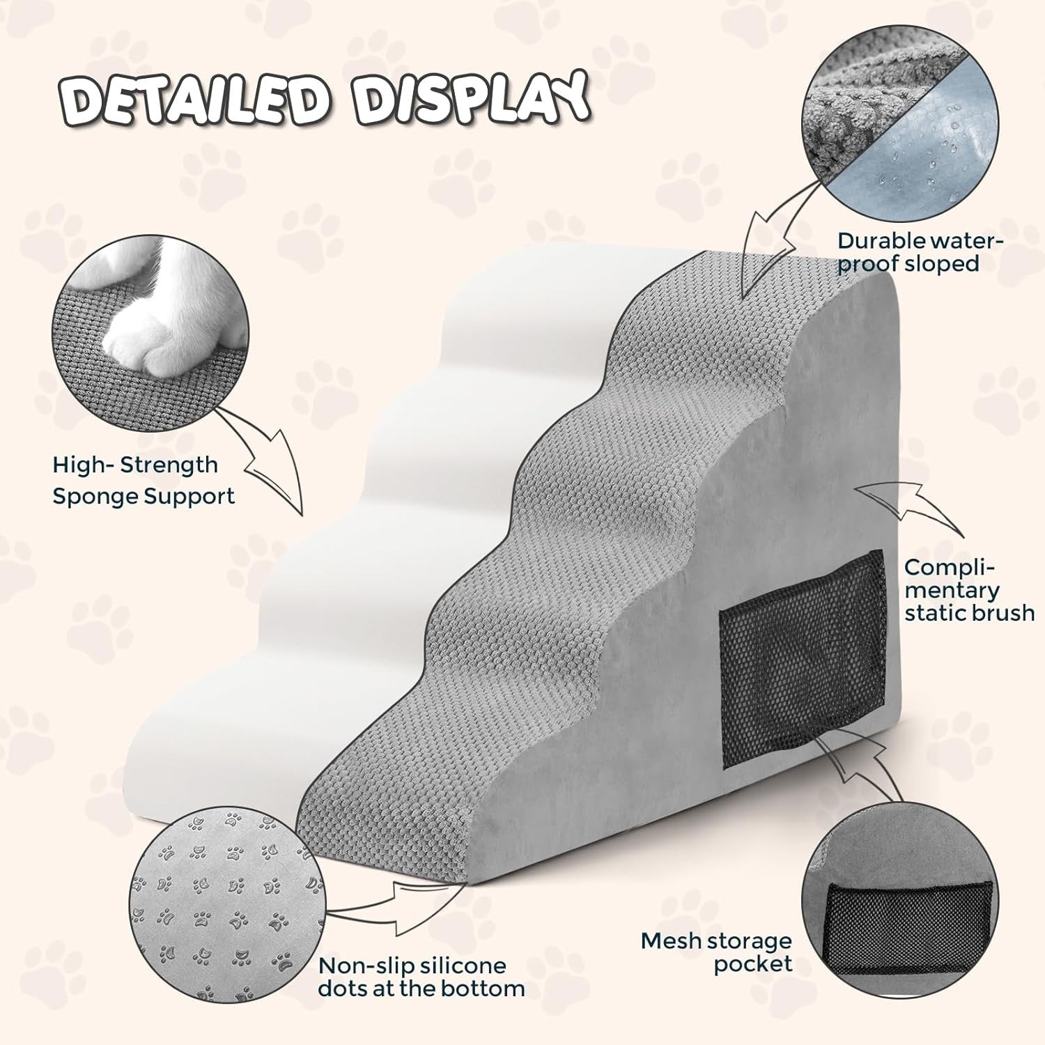 Grey 4 Step Dog Ramp Large Foam Non Slip 73x40x51cm