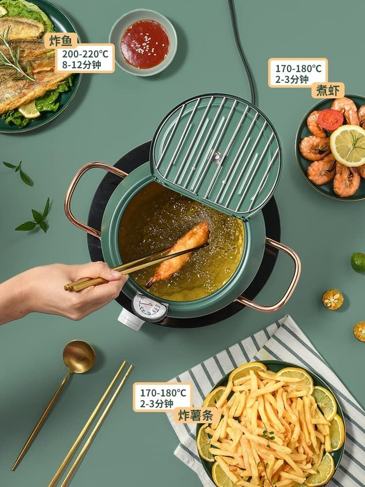 Large Japanese Tempura Frying Pot 3.5L 10.2in Nonstick Thermometer