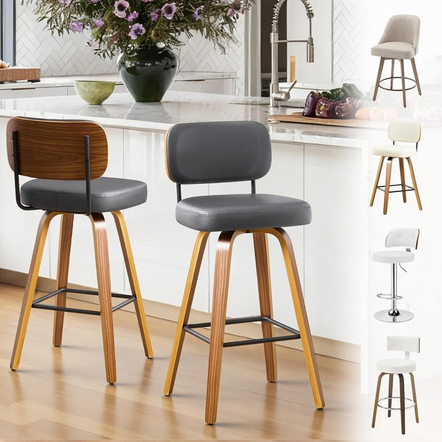 Grey Leather Back Bar Stools Set of 2 – 65cm Swivel Counter Chairs