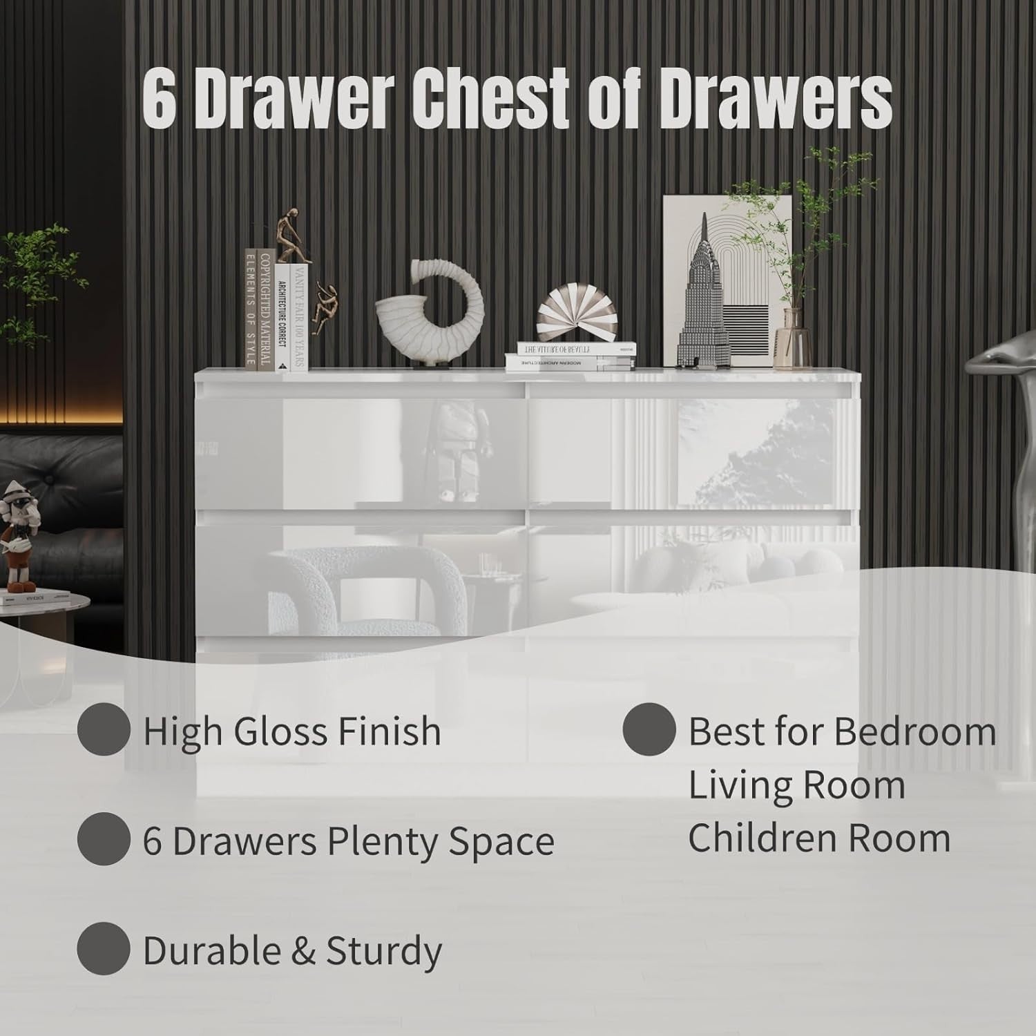 Modern White Gloss Chest of 6 Drawers Bedroom Storage Cabinet