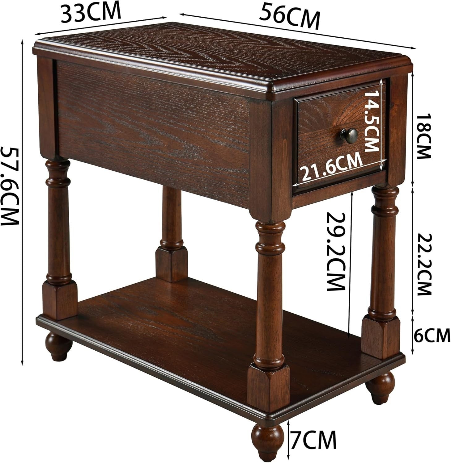 Solid Wood Narrow End Table with Drawer & Shelf – Dark Walnut Side Table