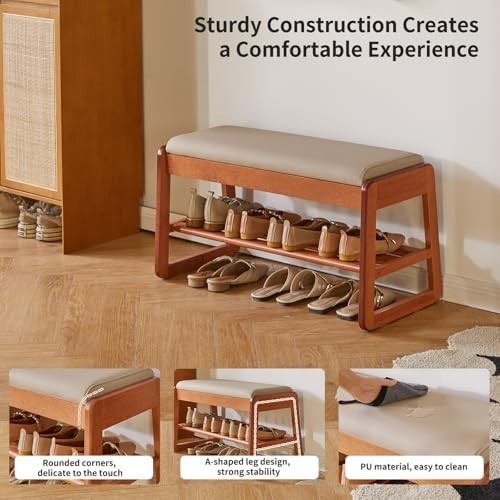 Cherry Wood Shoe Storage Bench with Cushion & Flip-Top – Modern Hallway Seat
