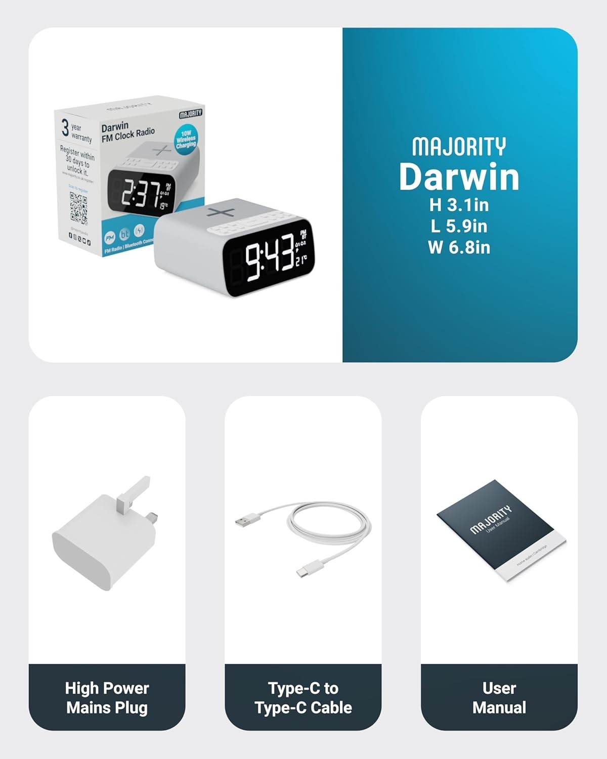 Bluetooth FM Alarm Clock Radio with Wireless Charging & Dual Alarm