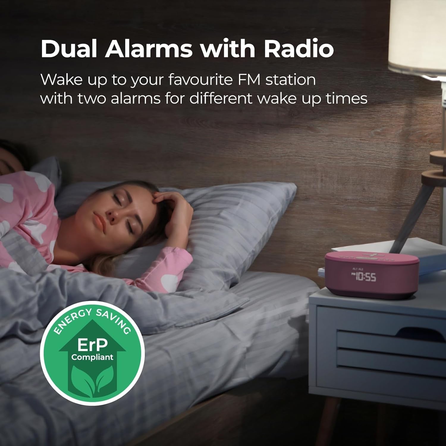 Bedside Alarm Clock Wireless Charger Bluetooth Speaker FM Radio Non-Ticking