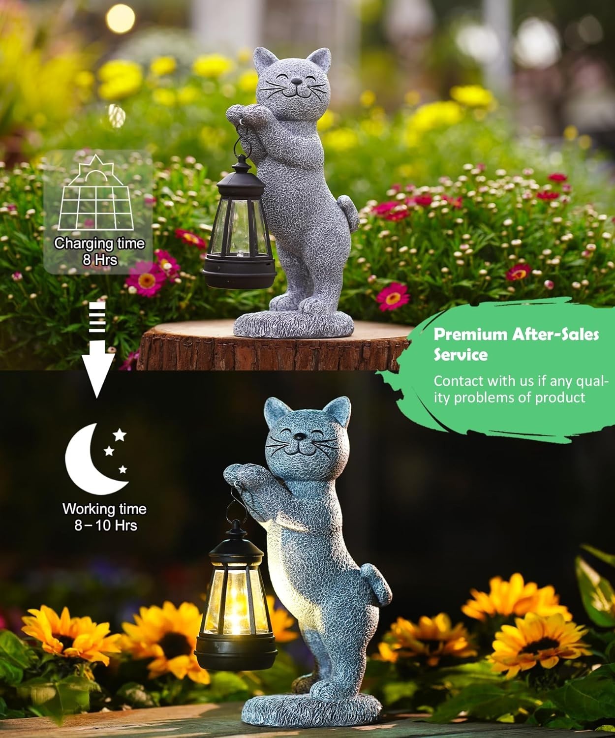 Solar Cat Garden Statue with Lantern | Outdoor LED Ornament Waterproof Patio