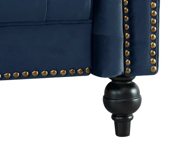 3 Seater Chesterfield Sofa Midnight Blue | Velvet Scroll Arm Nail Trim
