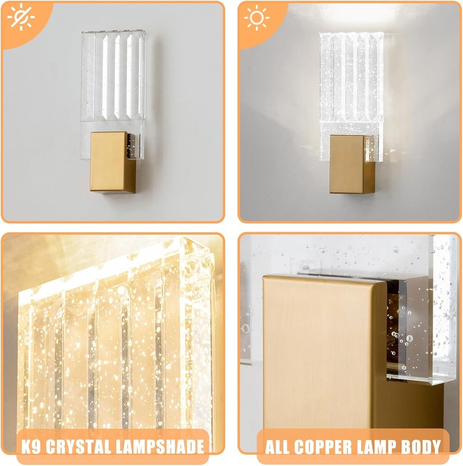 Gold Crystal LED Wall Light Sconce 3-Color Modern Fixture for Hallway Room