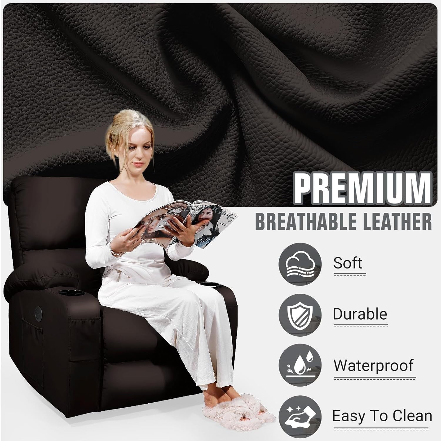 Massage Rocker Recliner Chair with Heat 360° Swivel USB Ports Vibration Brown