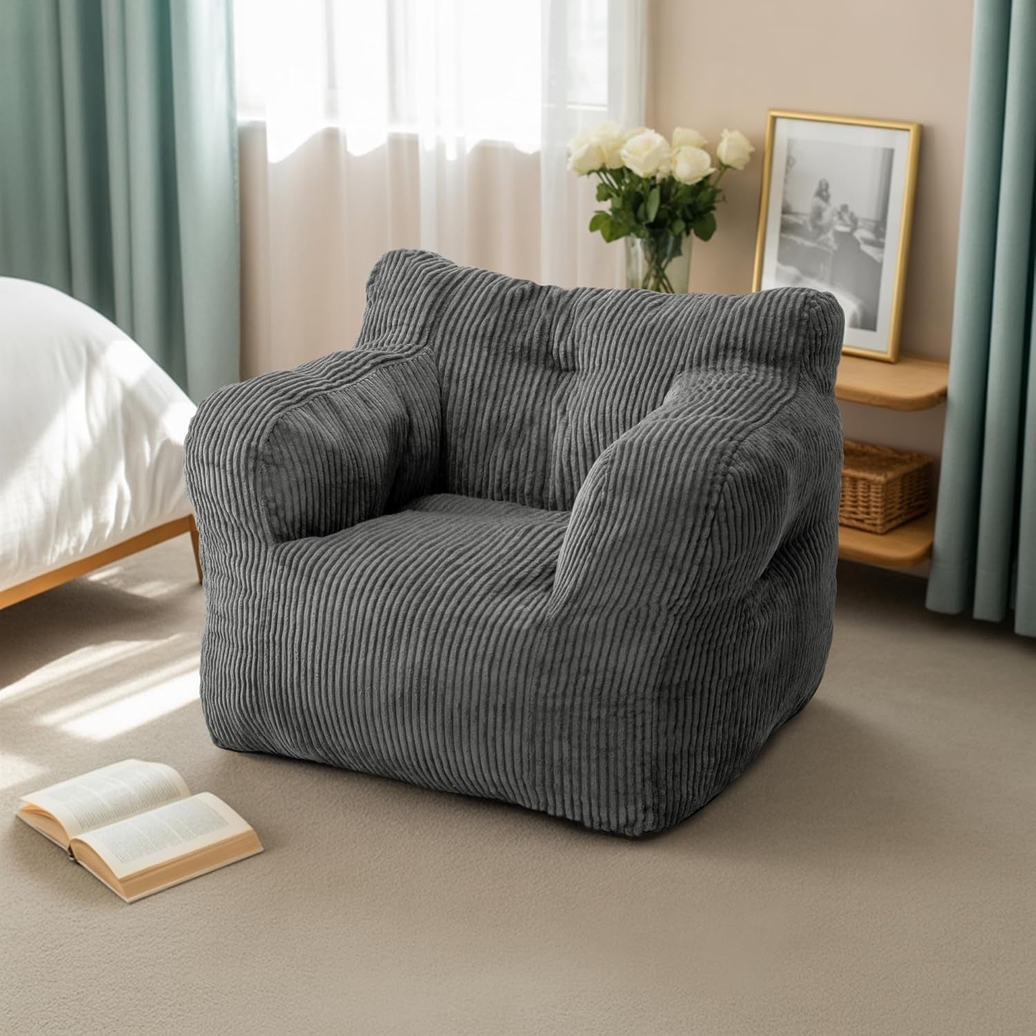 Grey Corduroy Bean Bag Chair – Comfy Seat w/ Handle for Adults 70x80cm
