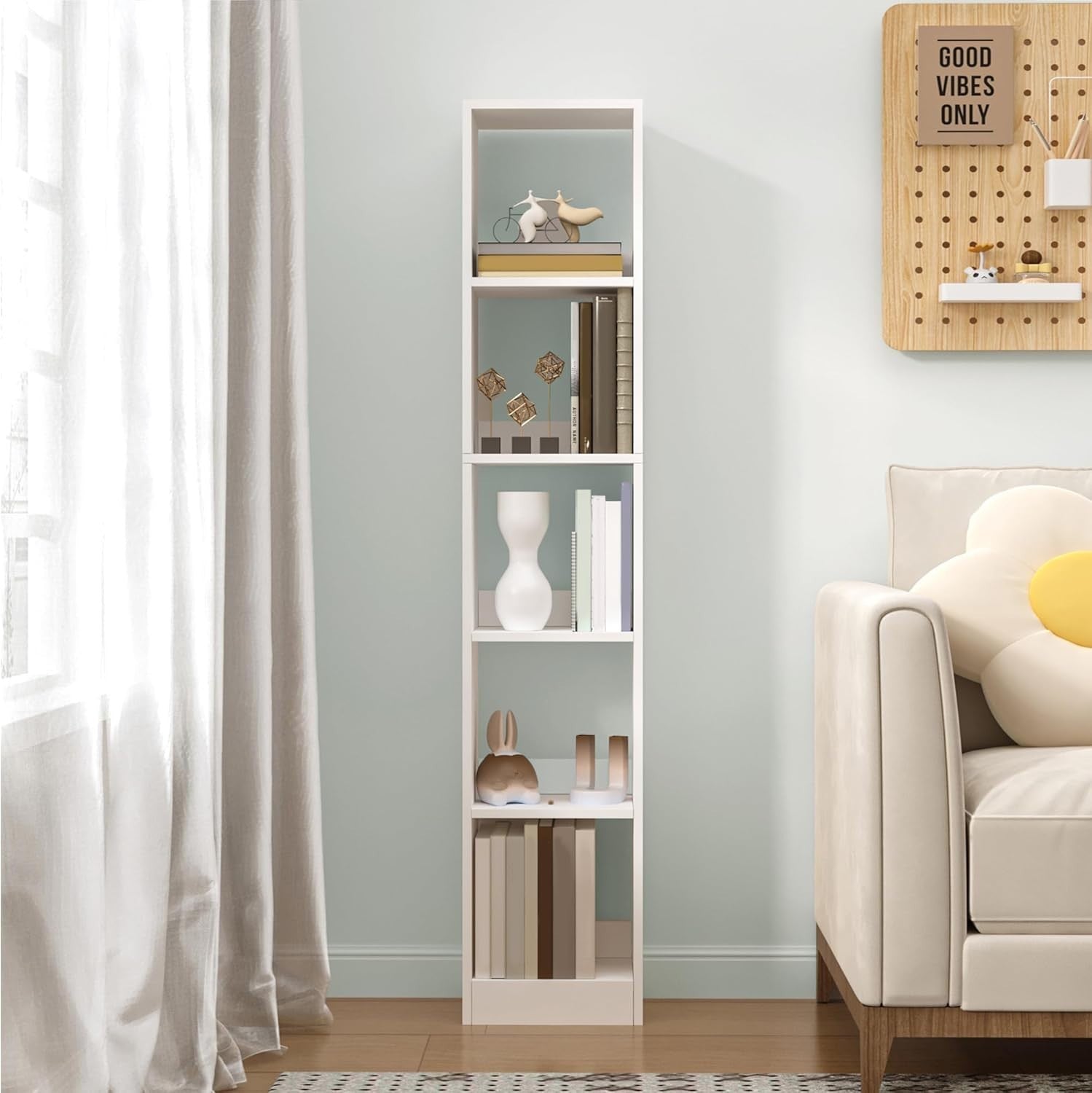 Modern 5-Tier White Wooden Bookshelf, Adjustable Shelves, 24x30x153 cm