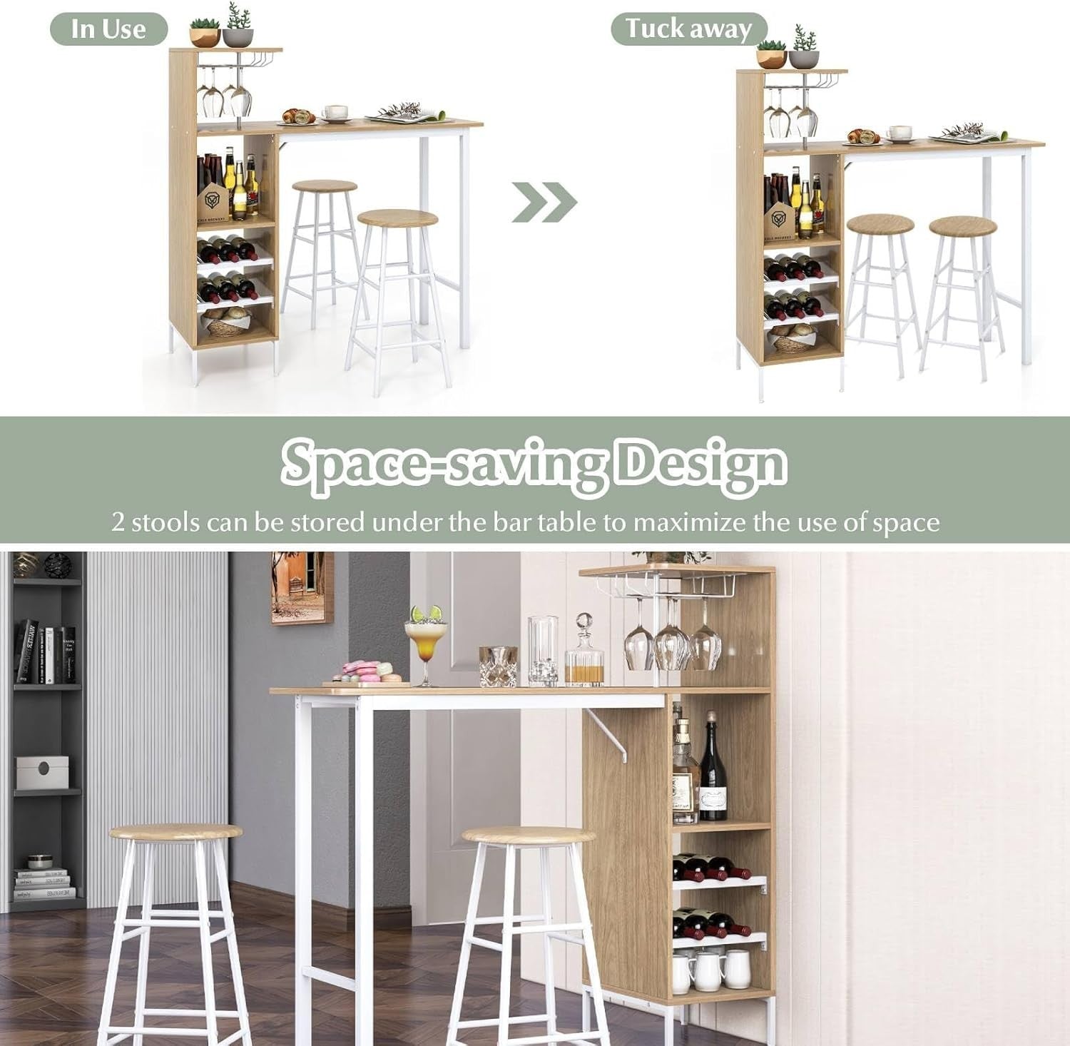 Natural 3-Piece Bar Table Set Shelves, Wine Rack & 2 Stools, Industrial Dining