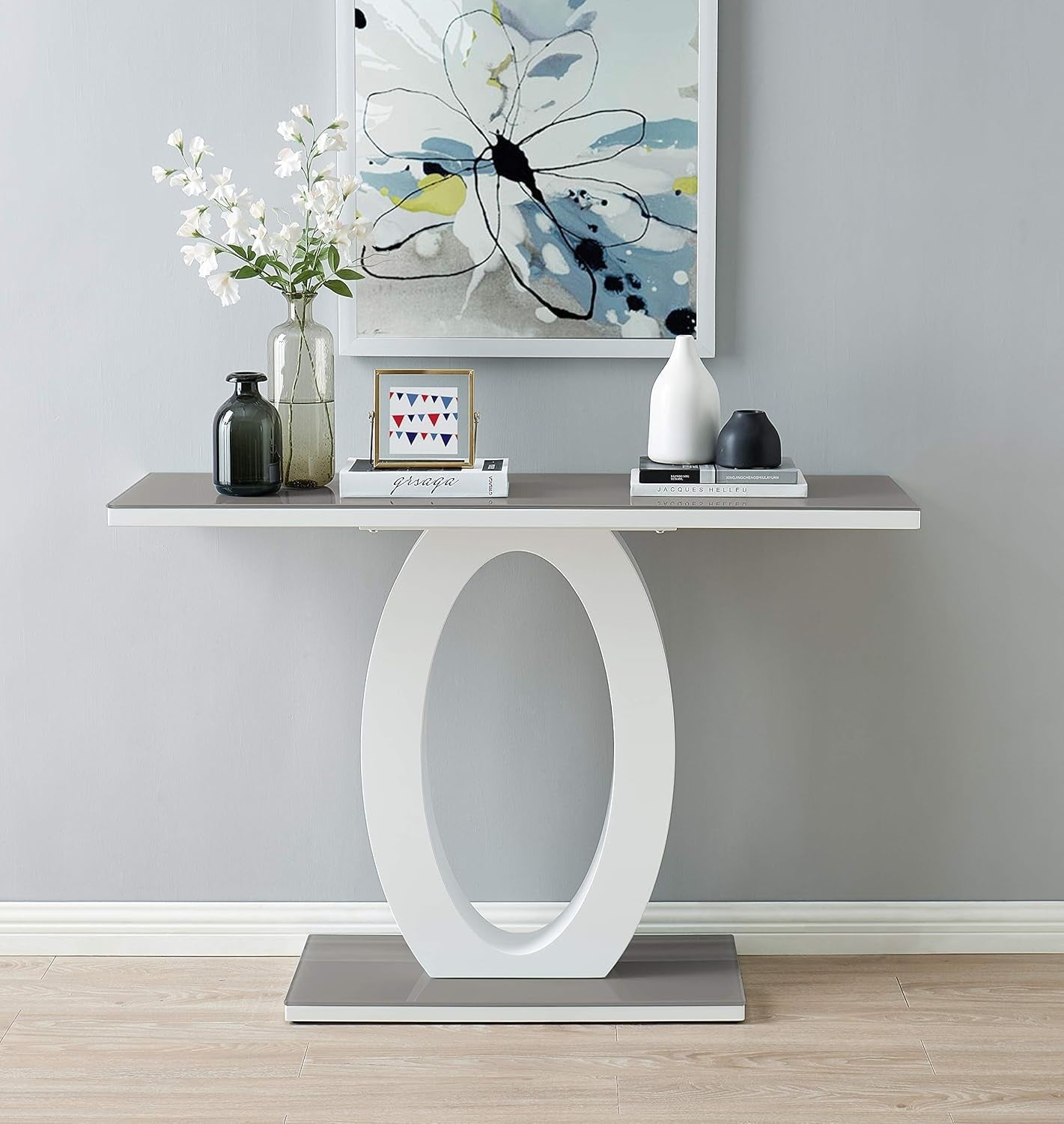 120cm Grey White Console Table – High Gloss Glass Top Modern Hallway Unit