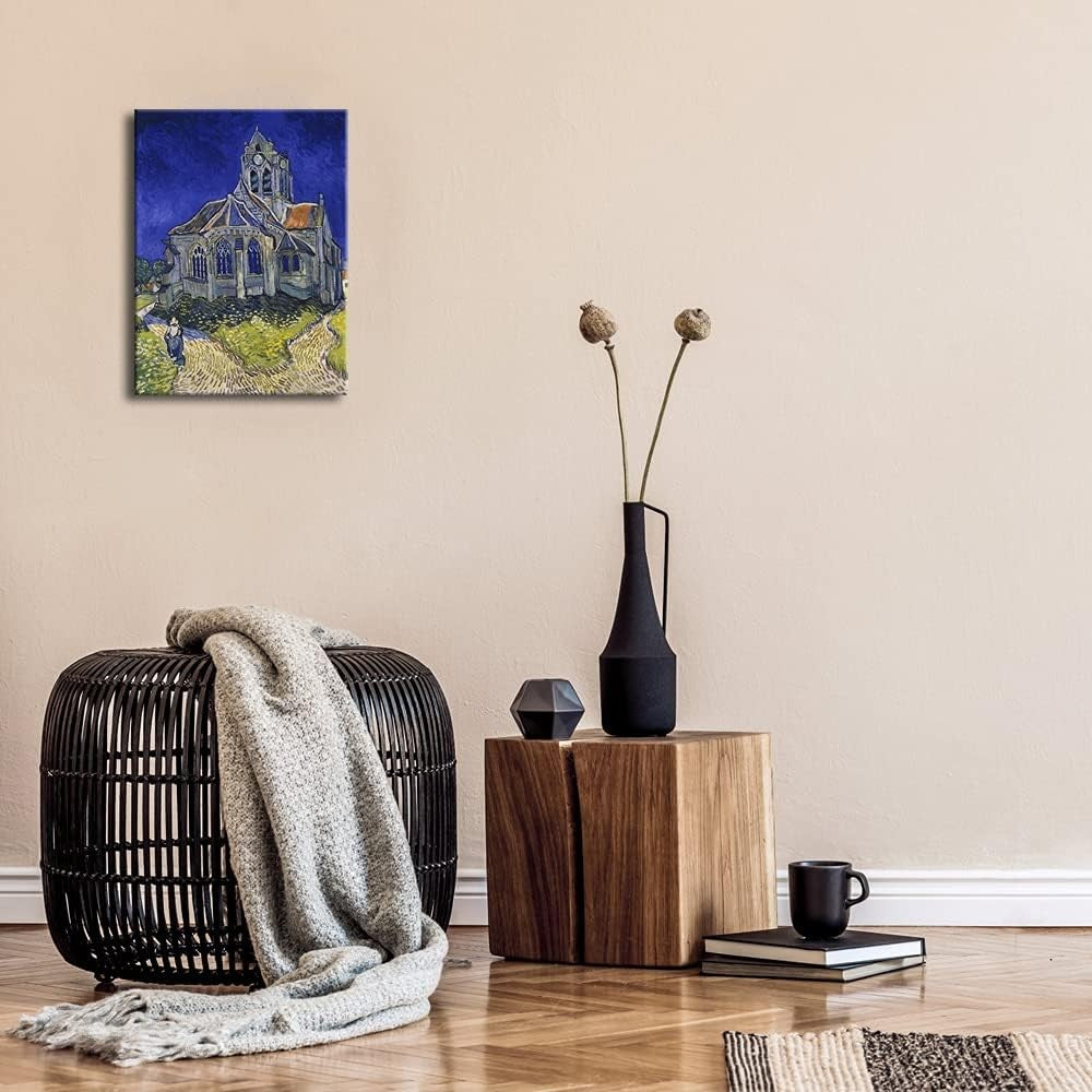 12"x16" Blue Church Canvas Wall Art – Vincent Van Gogh Style Print