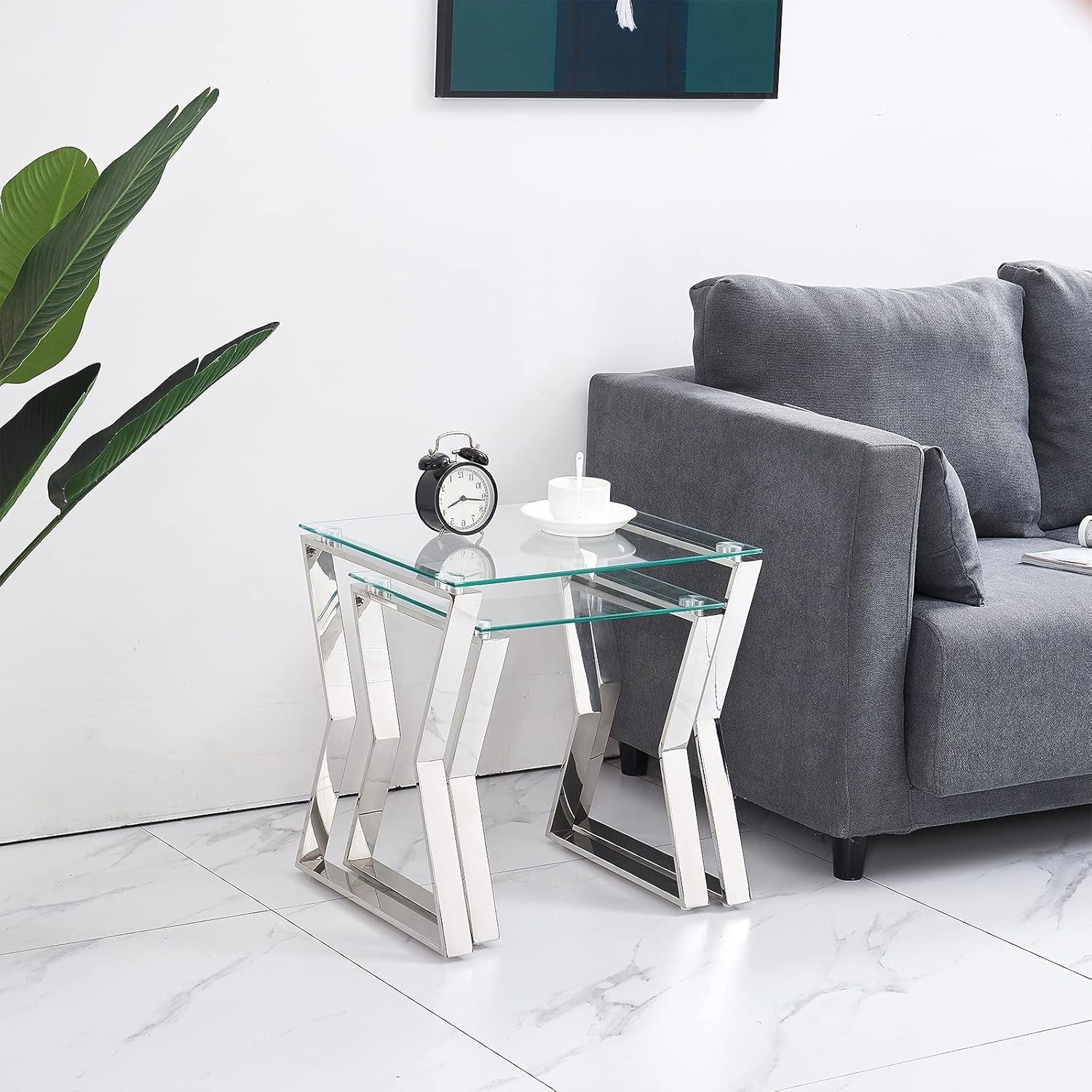 Space Saving Glass Nesting Coffee Table Set End Side Living Room Metal Frame