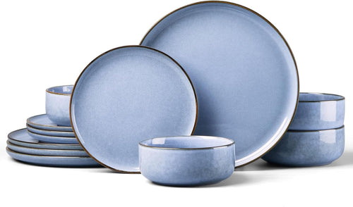 12pc Stoneware Dinner Set for 4 Blue Plates Bowls Microwave Safe