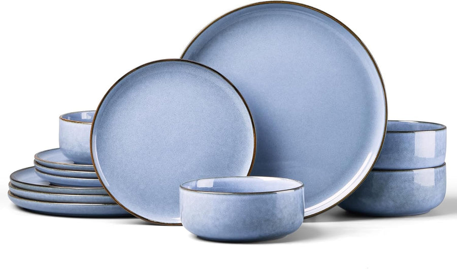 12pc Stoneware Dinner Set for 4 Blue Plates Bowls Microwave Safe