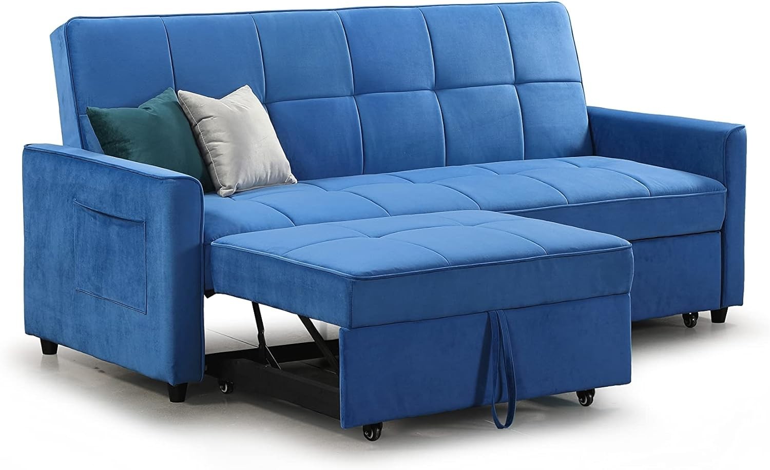 Blue Velvet Sofa Bed 3 Seater Pull Out Guest Bed Storage Cushions