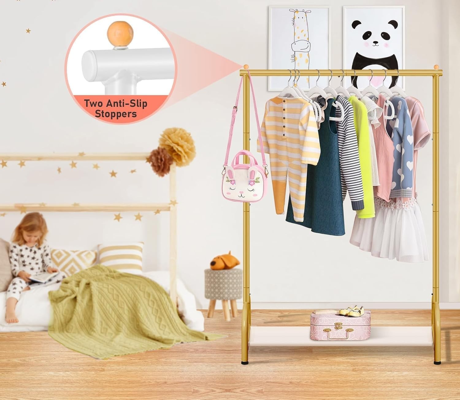 Kids Gold Clothes Rail Baby Dress Up Rack with Shelf