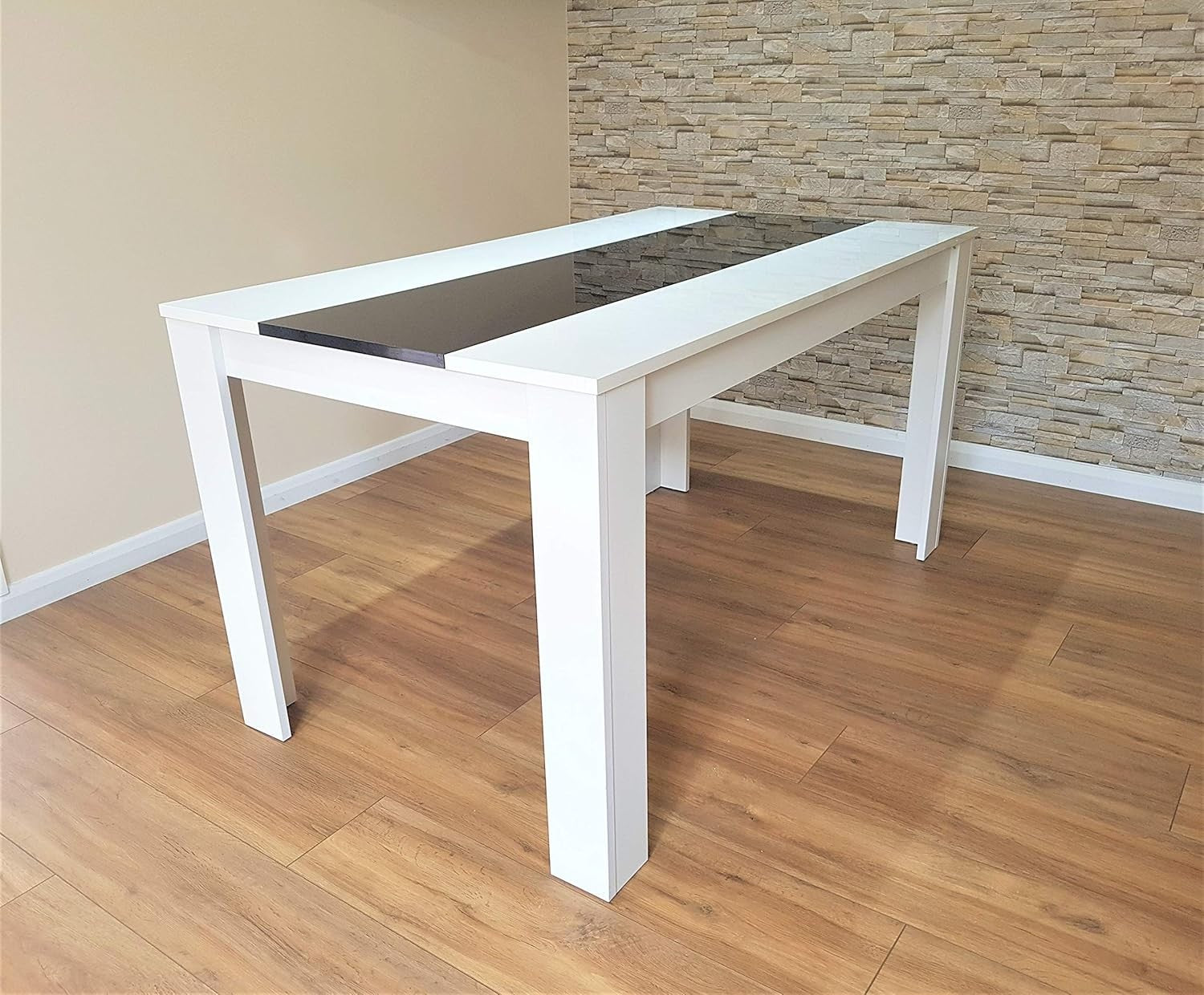 White & Black Dining Table Set with 6 Black Faux Leather Chairs - Modern, Durabl