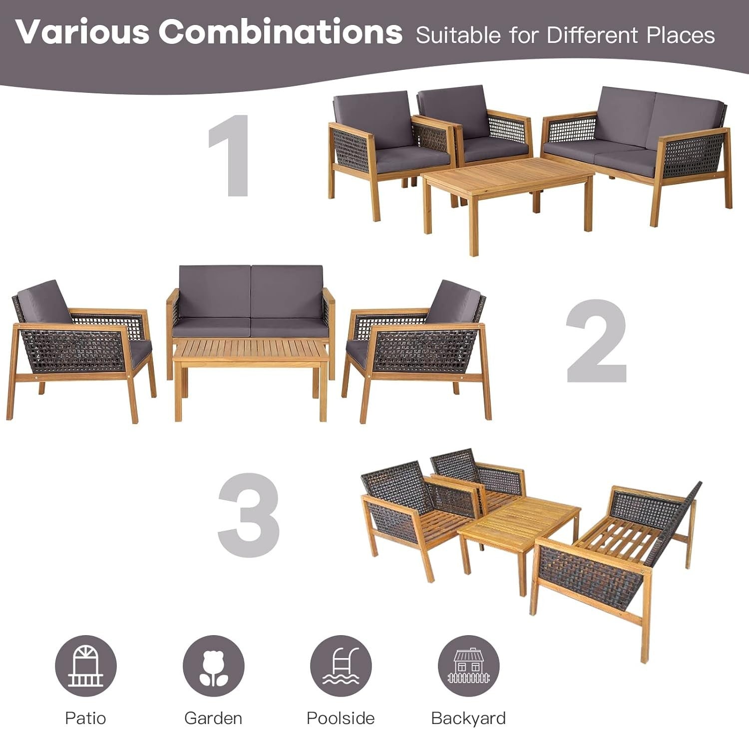 Rattan Garden Furniture Set 4PC Outdoor Patio Sofa Set with Coffee Table