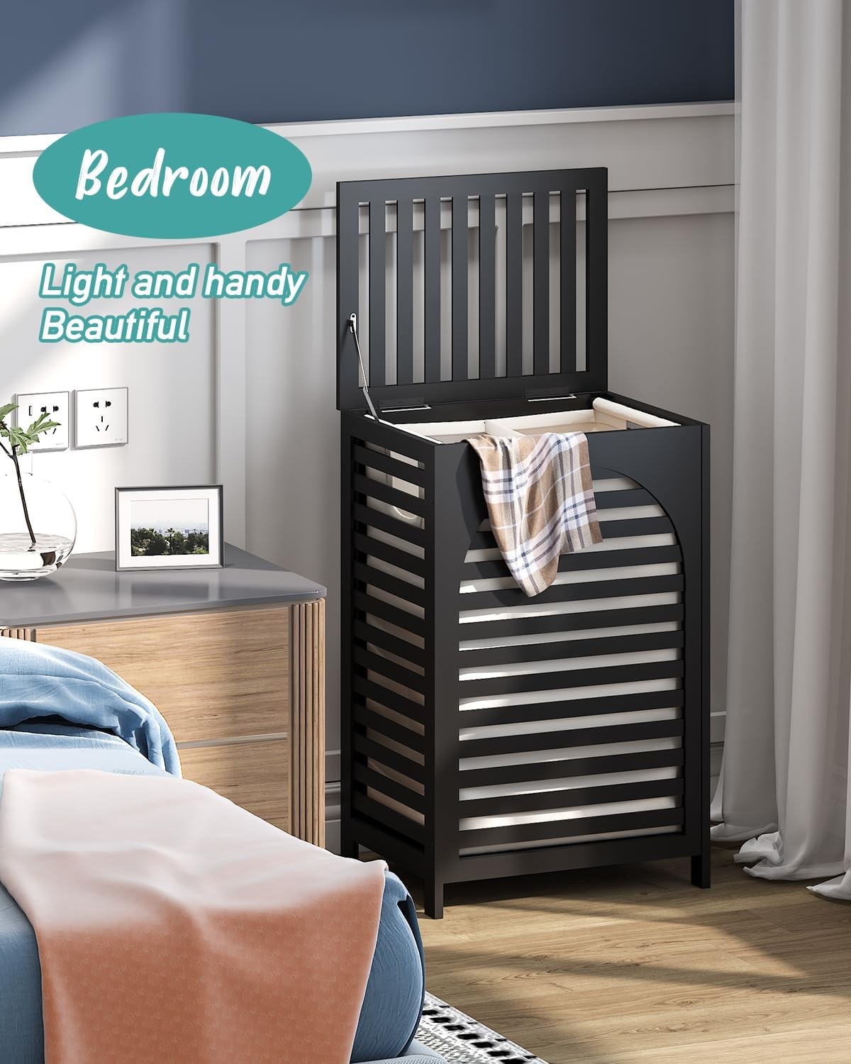 Black Bamboo Laundry Hamper 85L with Lid & Removable Liner | Ventilated Clothes