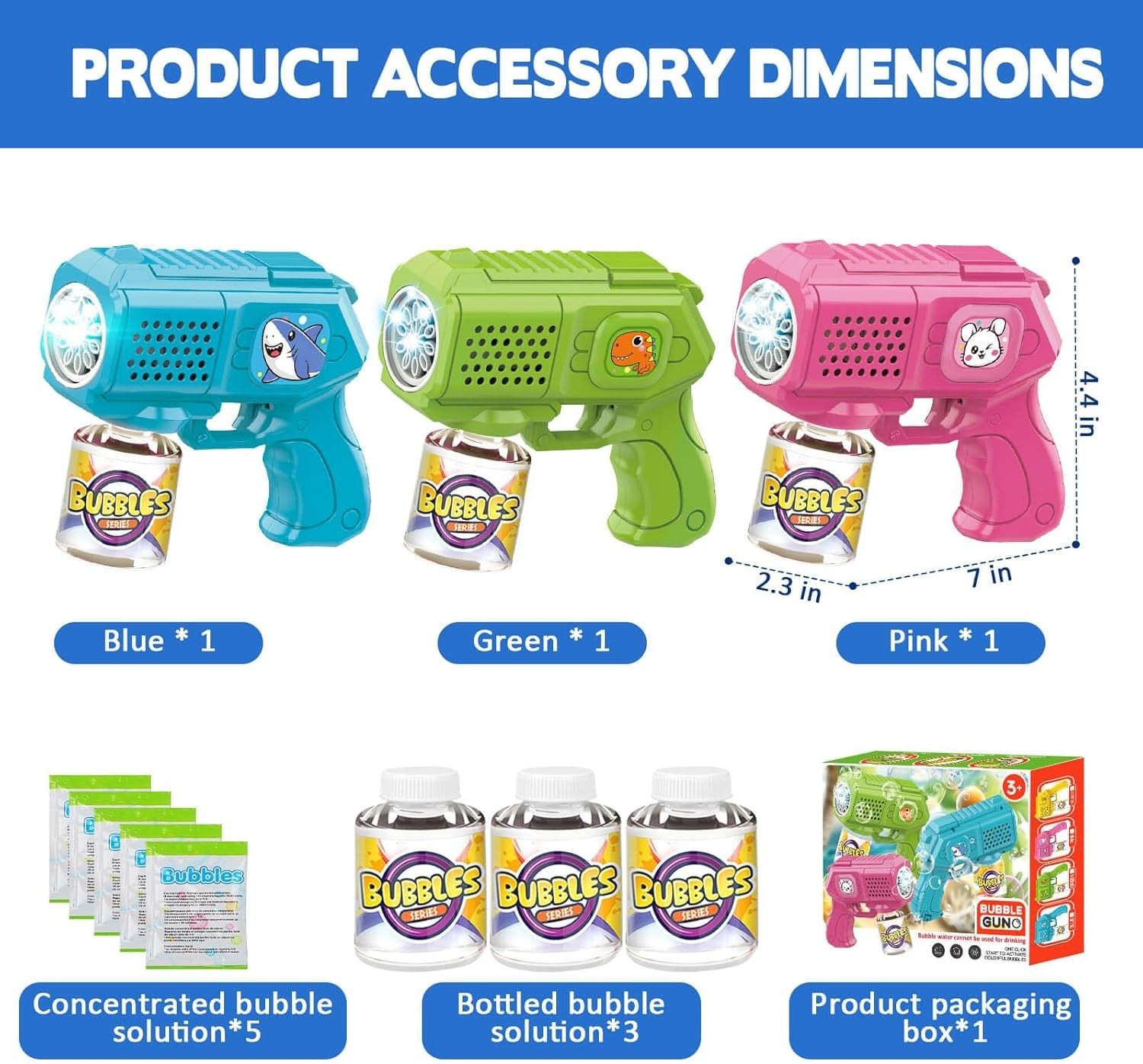 3 Pack Light Up Bubble Guns Kids Party Toy Set with Solution