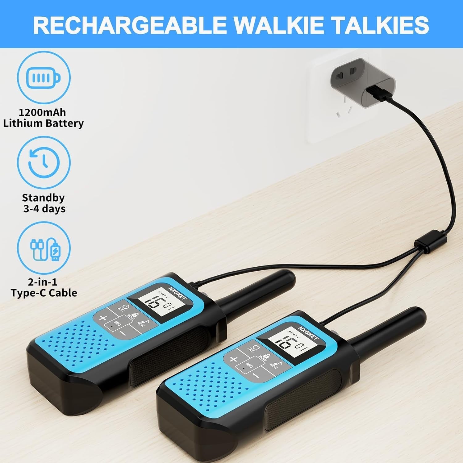 Rechargeable Walkie Talkies 2 Pack Long Range 5KM VOX 16 Channel Radio