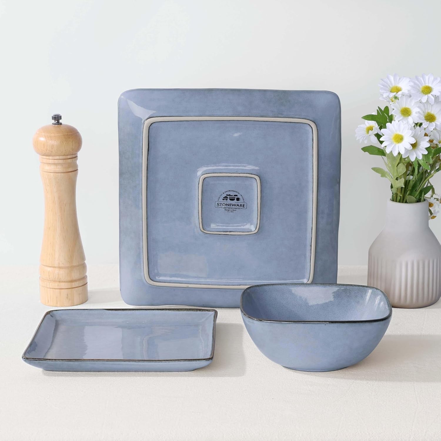 12pc Square Stoneware Dinner Set Plates Bowls Microwave Dishwasher Safe Blue