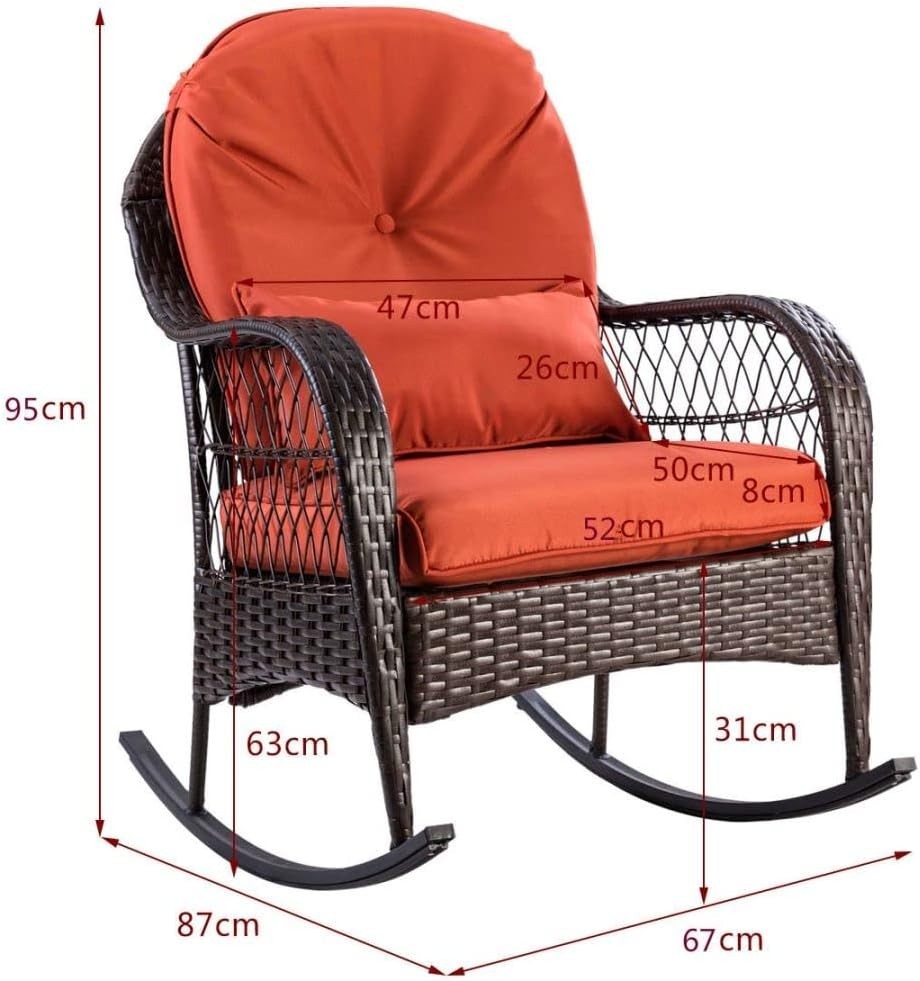 Red Rattan Rocking Chair Cushioned Patio Garden Porch Outdoor Relax Armchair