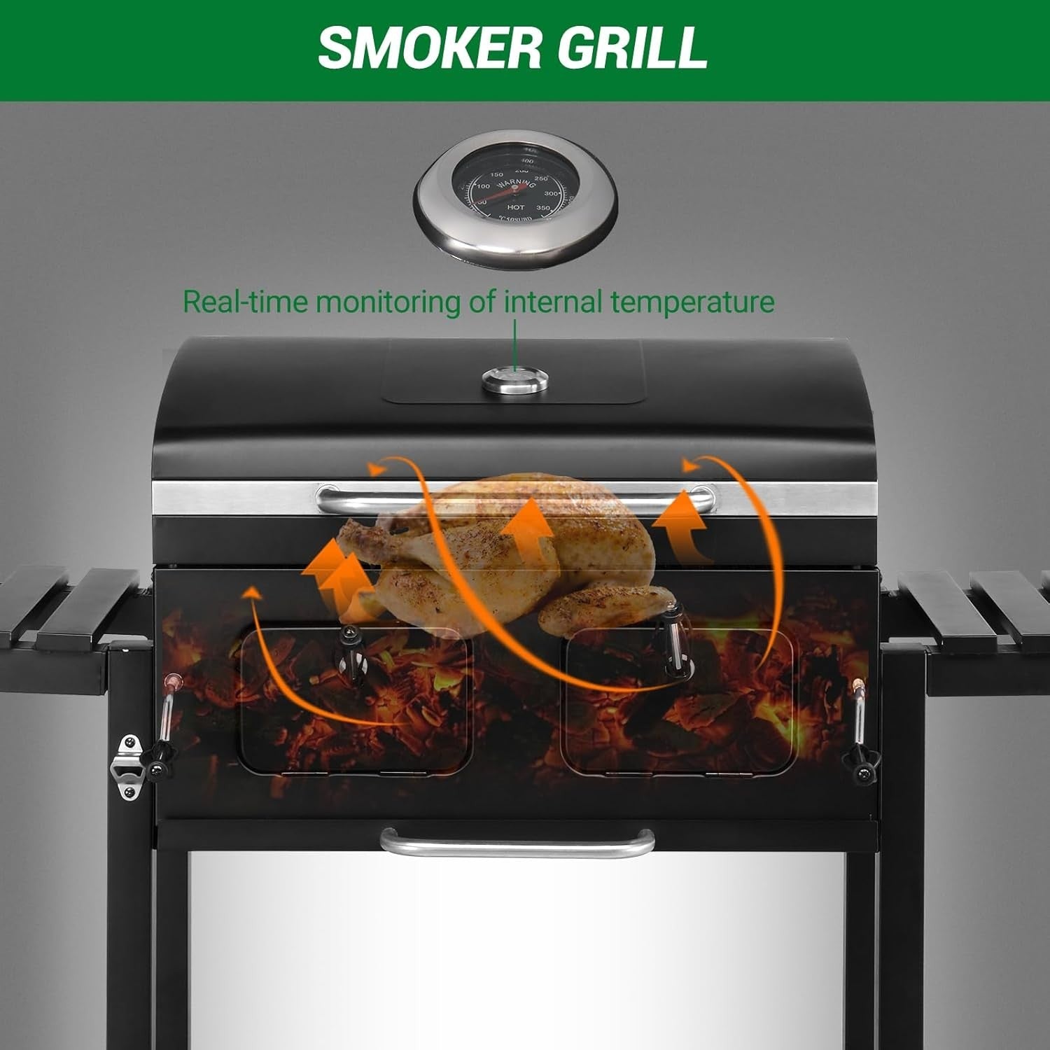 Large Dual-Zone Charcoal BBQ Grill with Adjustable Trays & Temp Gauge for Garden