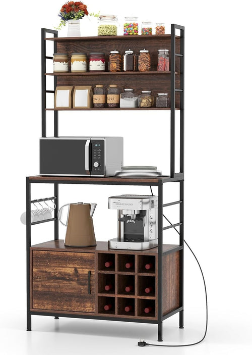 Kitchen Baker’s Rack Wine Bar Cabinet with Power Outlets, Rustic Brown Storage