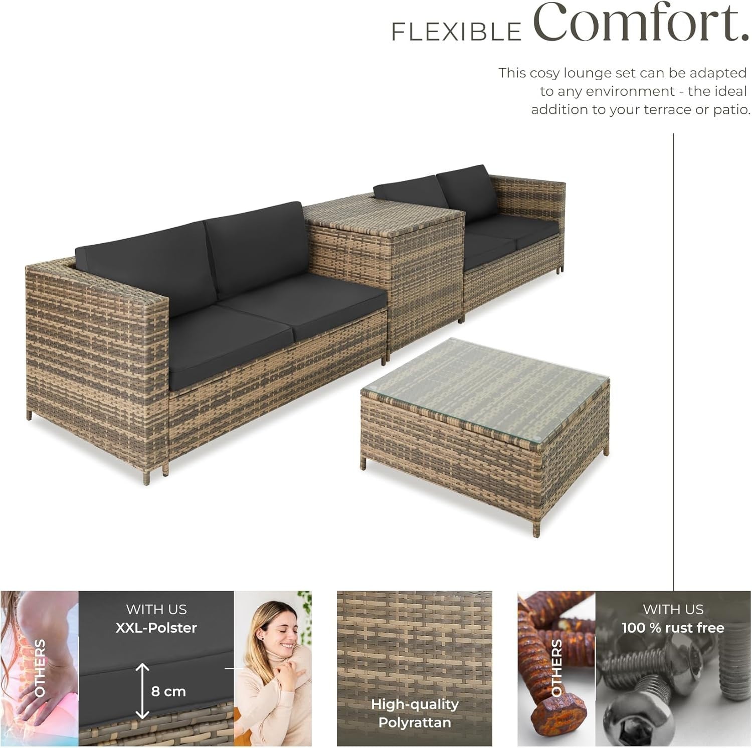 Rattan Garden Sofa Set with Thick Cushions & Storage Box - Patio Outdoor
